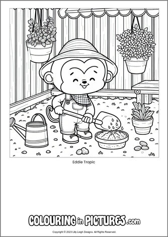 Free printable monkey colouring in picture of Eddie Tropic