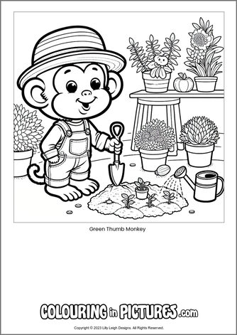 Free printable monkey colouring in picture of Green Thumb Monkey