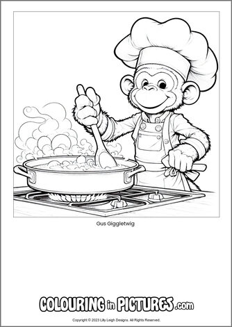 Free printable monkey colouring in picture of Gus Giggletwig