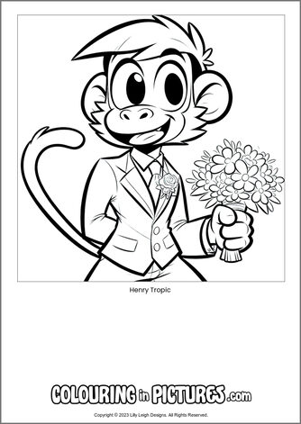 Free printable monkey colouring in picture of Henry Tropic