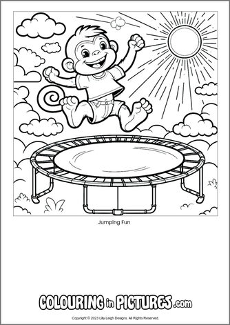 Free printable monkey colouring in picture of Jumping Fun