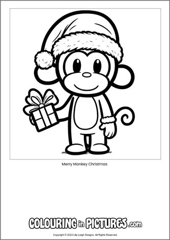 Free printable monkey colouring in picture of Merry Monkey Christmas