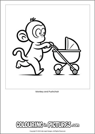 Free printable monkey colouring in picture of Monkey and Pushchair