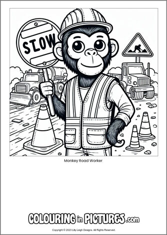 Free printable monkey colouring in picture of Monkey Road Worker