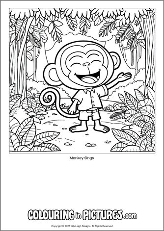 Free printable monkey colouring in picture of Monkey Sings