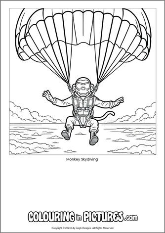 Free printable monkey colouring in picture of Monkey Skydiving