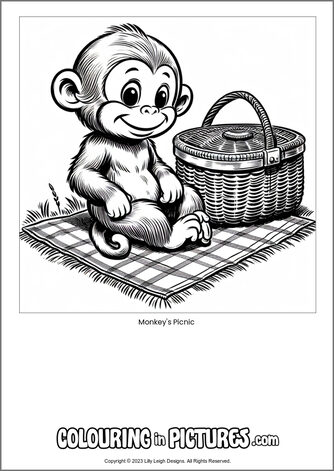 Free printable monkey colouring in picture of Monkey's Picnic