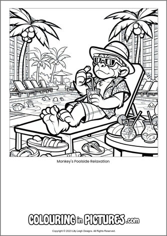 Free printable monkey colouring in picture of Monkey's Poolside Relaxation