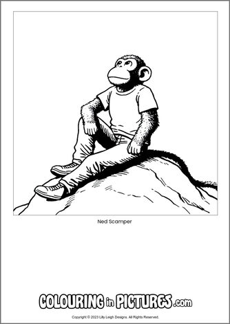 Free printable monkey colouring in picture of Ned Scamper