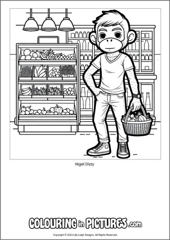 Free printable monkey colouring in picture of Nigel Dizzy