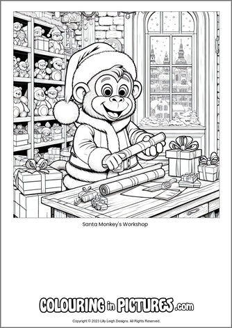 Free printable monkey colouring in picture of Santa Monkey's Workshop