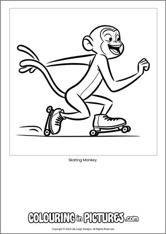 Free printable monkey colouring in picture of Skating Monkey