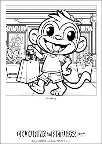 Free printable monkey colouring in picture of Vince Boy