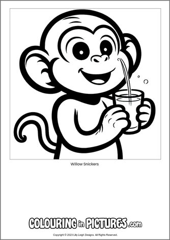 Free printable monkey colouring in picture of Willow Snickers
