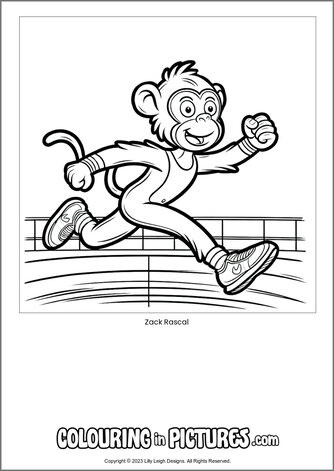 Free printable monkey colouring in picture of Zack Rascal