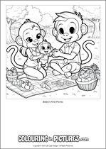 Free printable monkey themed colouring page of a monkey. Colour in Baby's First Picnic.