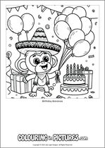Free printable monkey themed colouring page of a monkey. Colour in Birthday Bananas.