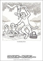 Free printable monkey themed colouring page of a monkey. Colour in Fun Monkey Picnic.