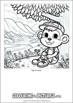 Free printable monkey themed colouring page of a monkey. Colour in Gigi Chuckle.