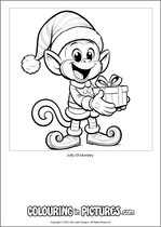 Free printable monkey themed colouring page of a monkey. Colour in Jolly Elf Monkey.