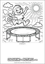 Free printable monkey themed colouring page of a monkey. Colour in Jumping Fun.