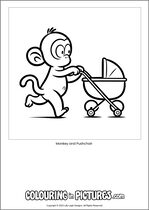 Free printable monkey themed colouring page of a monkey. Colour in Monkey and Pushchair.