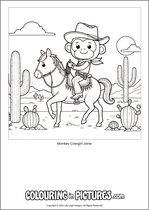 Free printable monkey themed colouring page of a monkey. Colour in Monkey Cowgirl Jane.