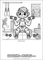 Free printable monkey themed colouring page of a monkey. Colour in Monkey Fitness.