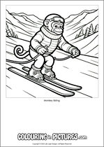 Free printable monkey themed colouring page of a monkey. Colour in Monkey Skiing.