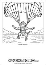 Free printable monkey themed colouring page of a monkey. Colour in Monkey Skydiving.