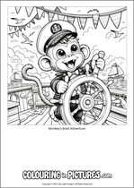Free printable monkey themed colouring page of a monkey. Colour in Monkey's Boat Adventure.