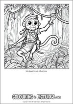 Free printable monkey themed colouring page of a monkey. Colour in Monkey's Forest Adventure.
