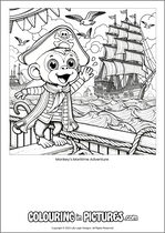 Free printable monkey themed colouring page of a monkey. Colour in Monkey's Maritime Adventure.