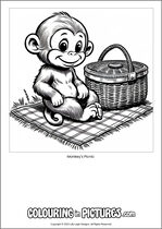 Free printable monkey themed colouring page of a monkey. Colour in Monkey's Picnic.