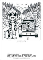 Free printable monkey themed colouring page of a monkey. Colour in Monkey's Road Trip.