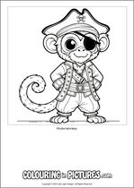Free printable monkey themed colouring page of a monkey. Colour in Pirate Monkey.
