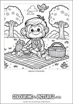 Free printable monkey themed colouring page of a monkey. Colour in Spencer Vinevaulter.