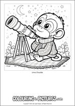 Free printable monkey themed colouring page of a monkey. Colour in Uma Chuckle.