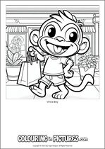 Free printable monkey themed colouring page of a monkey. Colour in Vince Boy.
