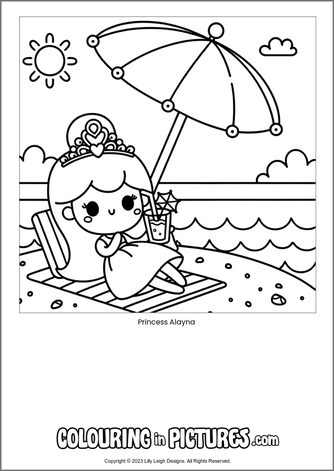Free printable princess colouring in picture of Princess Alayna