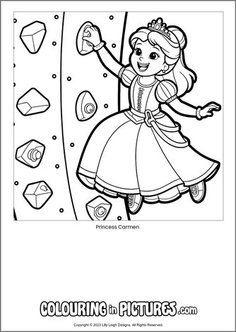 Free printable princess colouring in picture of Princess Carmen