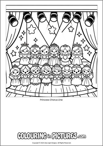 Free printable princess colouring in picture of Princess Chorus Line