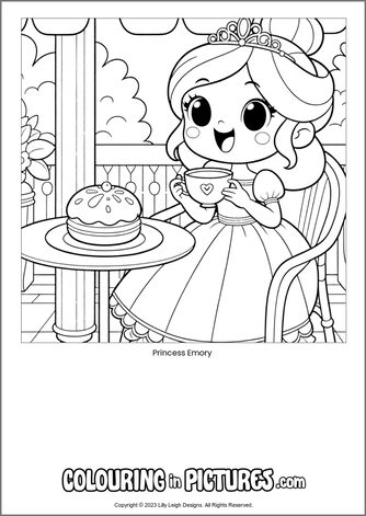 Free printable princess colouring in picture of Princess Emory