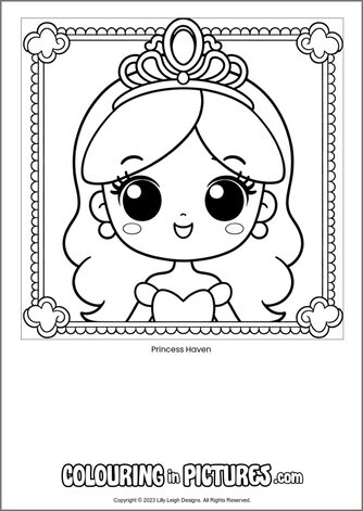 Free printable princess colouring in picture of Princess Haven