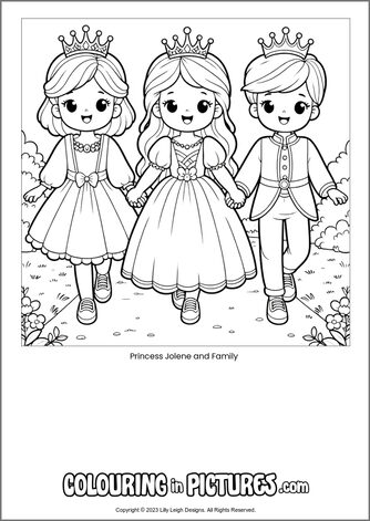 Free printable princess colouring in picture of Princess Jolene and Family