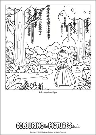 Free printable princess colouring in picture of Princess Madilyn