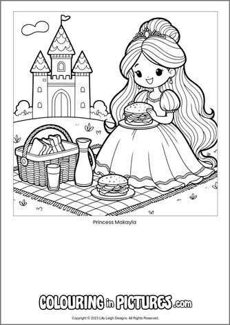 Free printable princess colouring in picture of Princess Makayla