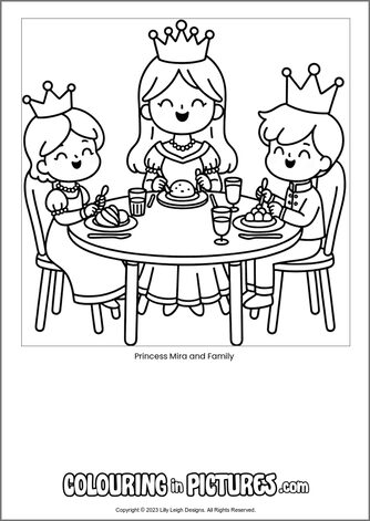 Free printable princess colouring in picture of Princess Mira and Family