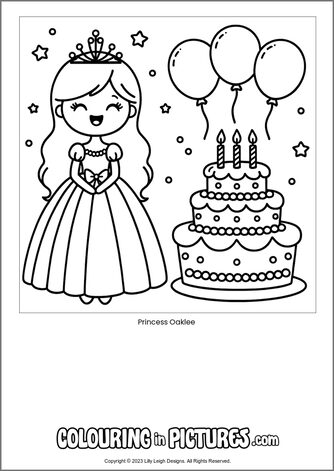 Free printable princess colouring in picture of Princess Oaklee