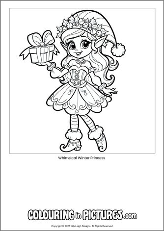 Free printable princess colouring in picture of Whimsical Winter Princess